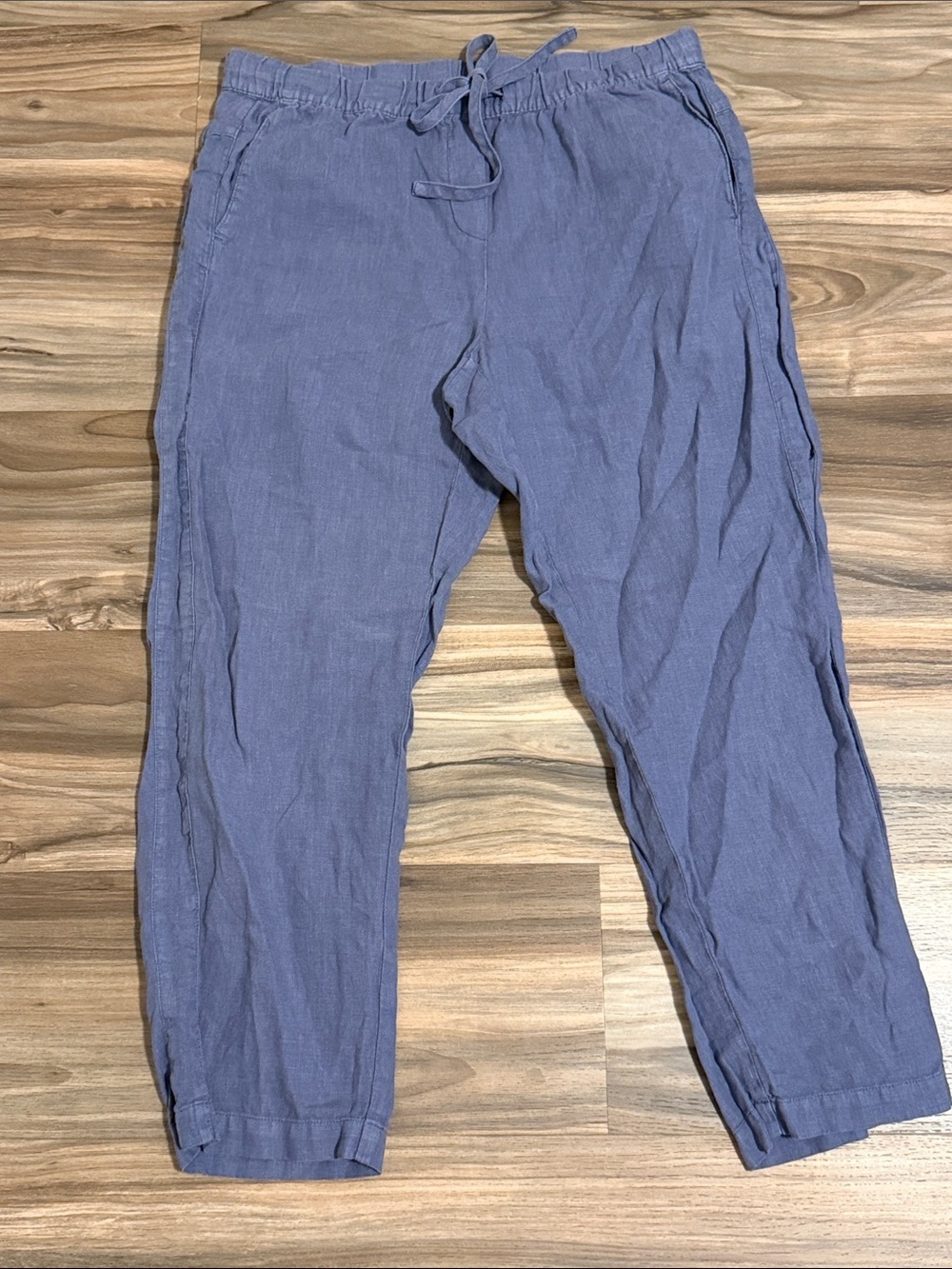 Pure Jill Linen Crop Pants Women's Blue Straight Leg Sz. MT Elastic Coastal